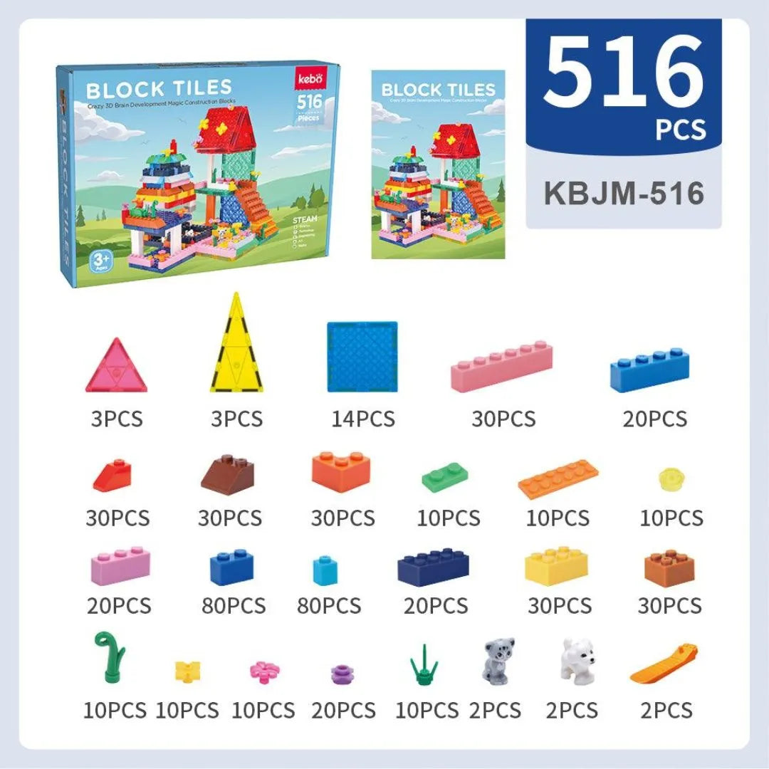 Mini Building Blocks with Magnetic Tiles - 516 Pieces