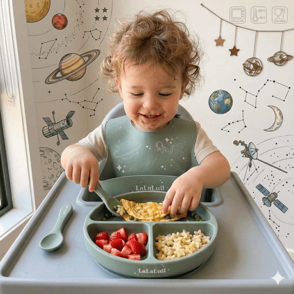 Child eating from a green divided plate with space-themed wall decorations in the background