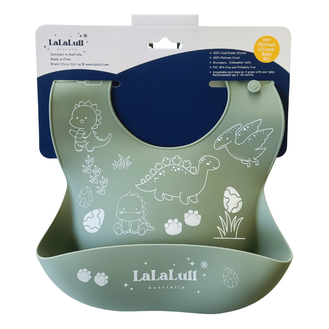 LaLaLull Australia® Silicone Baby Bib – Sage Dinosaur (2026 Edition)