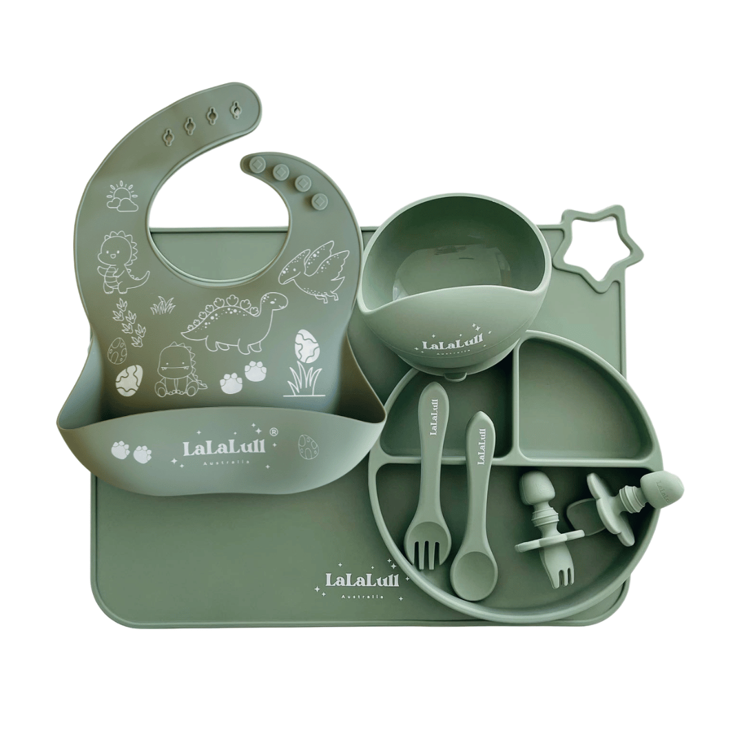 LaLaLull Australia® Silicone Baby Bib – Sage Dinosaur (2026 Edition)