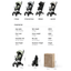 Baby stroller with color options and specifications on a white background