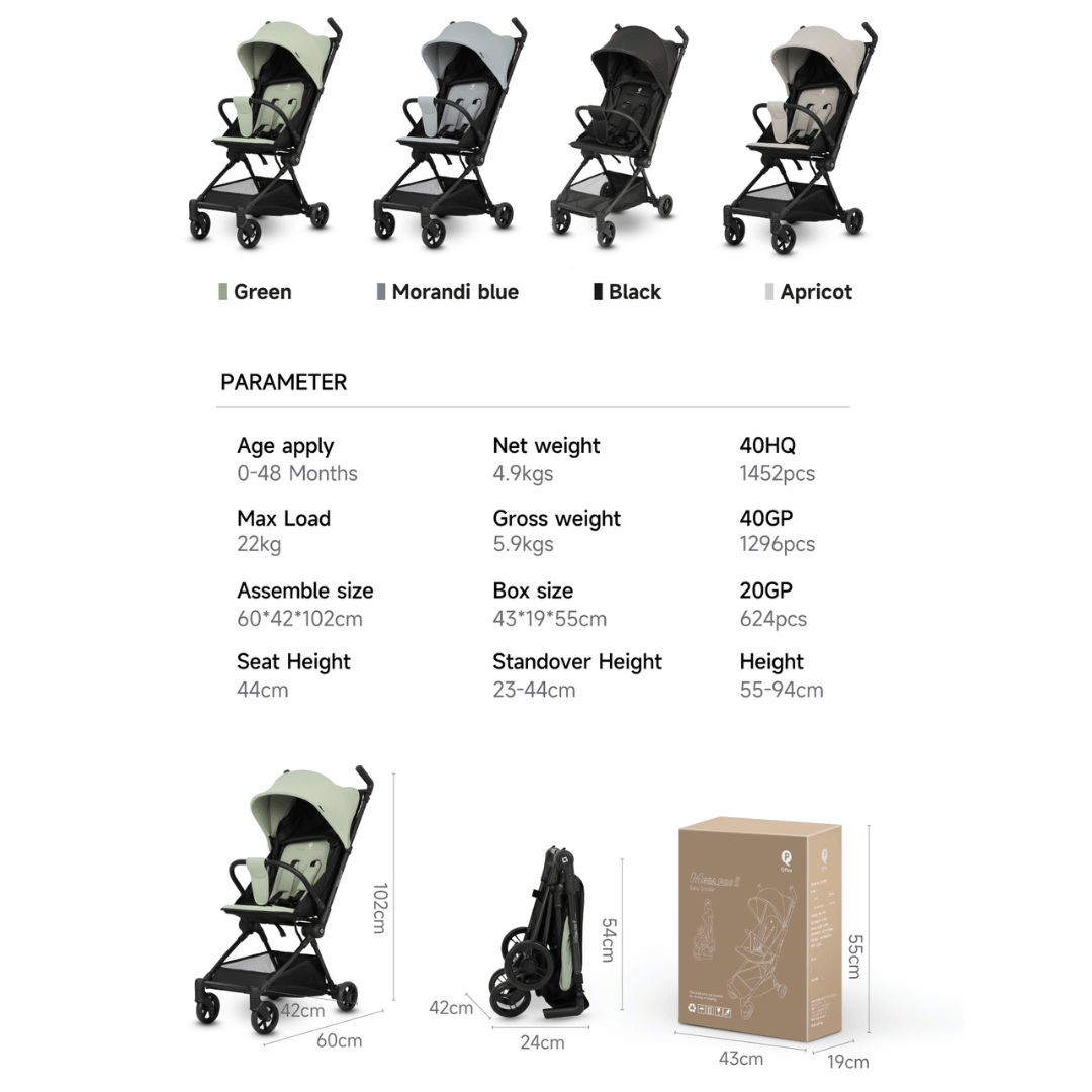 Baby stroller with color options and specifications on a white background